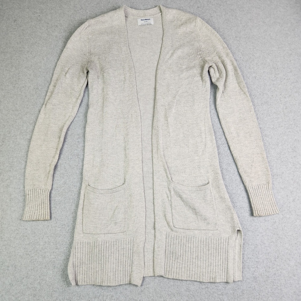 Old Navy Longline Cardigan Womens XS Tall Gray Knit Pocket Side Slit Open Front